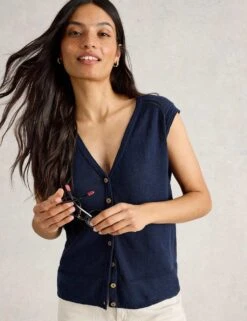 WHITE STUFF V-Neck Sleeveless Cardigan With Linen -Marksandspencer Sale Store v neck sleeveless cardigan with linen 6